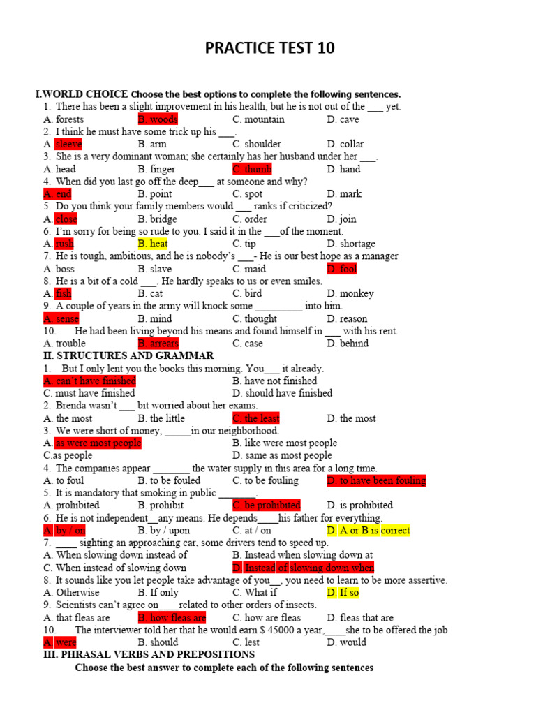 PRACTICE TEST 10 - Bài Làm | PDF