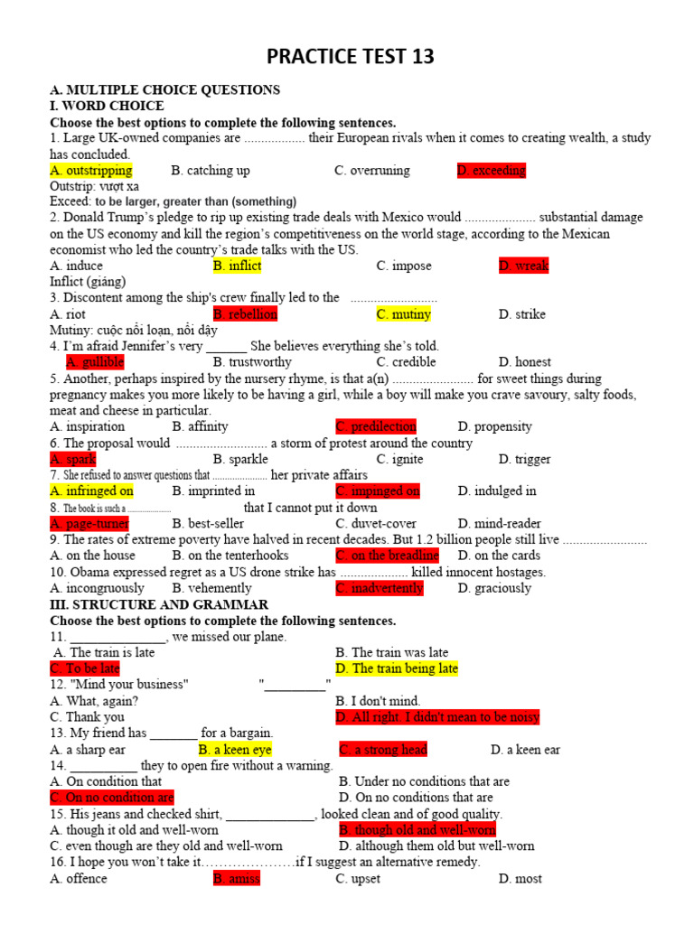 Practice Test 13: Vocabulary & Grammar | PDF | Art