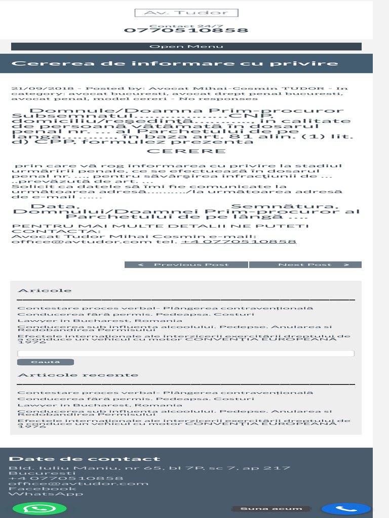 Cererea de Informare Cu Privire La Stadiul Urmăririi Penale Avocat ...