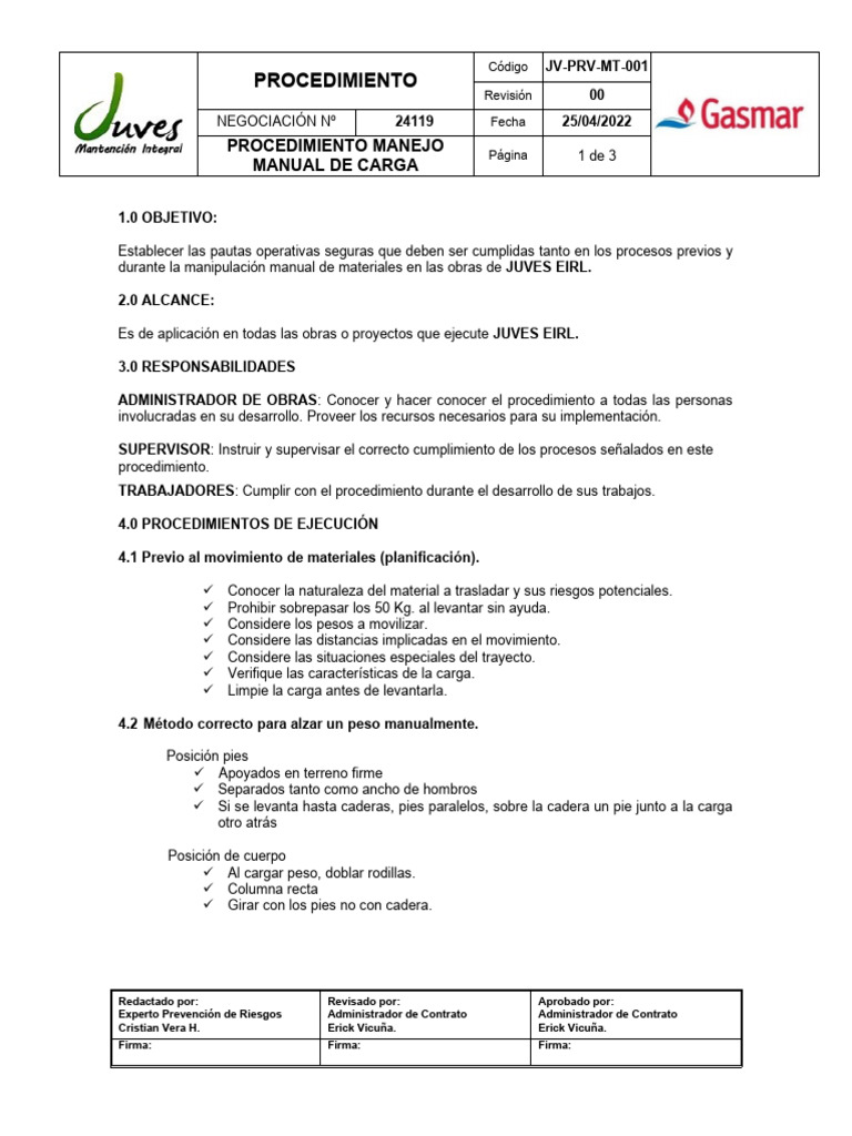 Procedimiento Manejo Manual de Carga (JUVES) | PDF