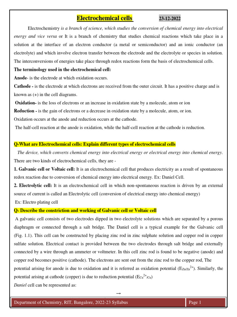 (Unit 1) Electrochemistry and Battery Technology PDF