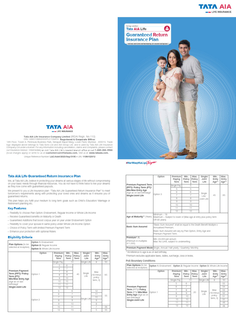 Tata AIA Guaranteed Return Plan Overview | PDF