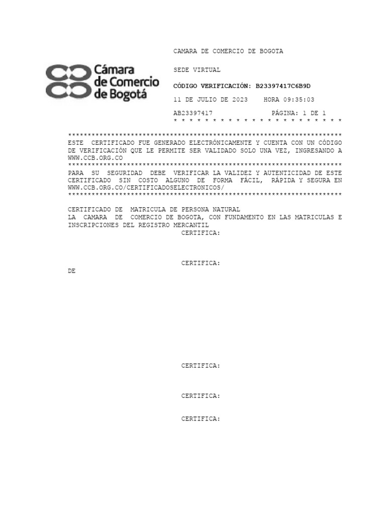 Certificado de Camara y Comercio | PDF