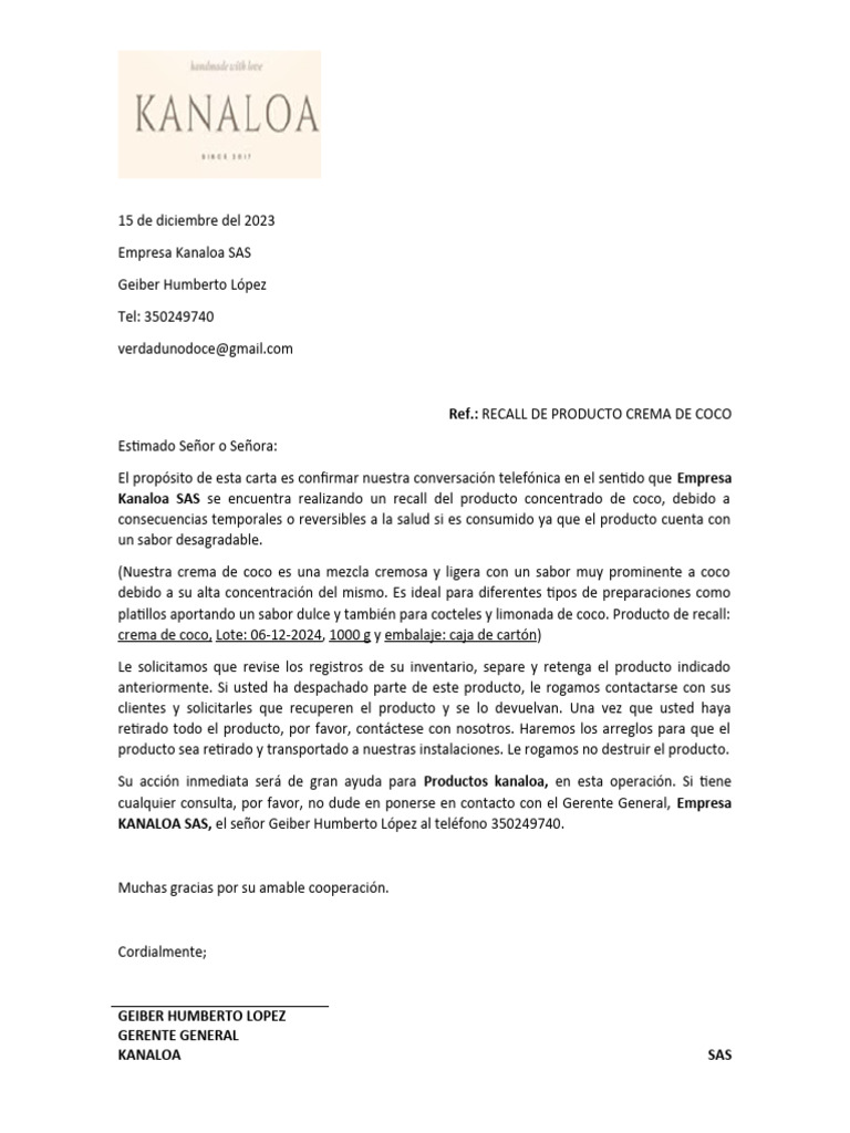 Modelo Carta Recall PDF