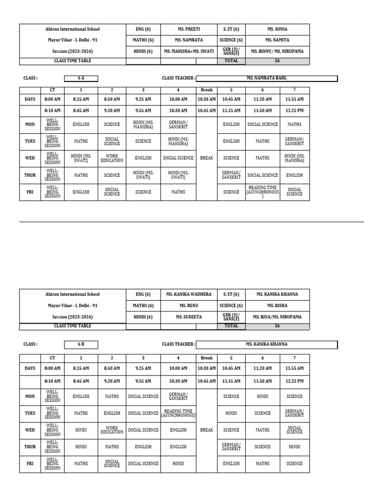 Online time table class 6 pdf