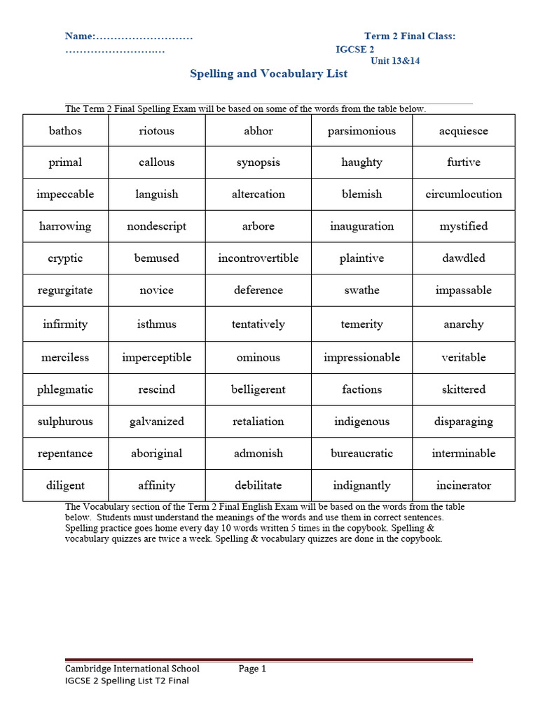 IGCSE Term 2 Spelling & Vocabulary List | PDF