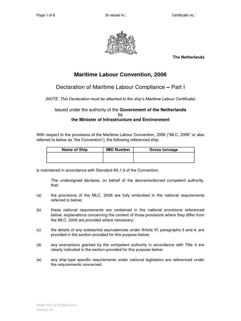 DMLC Part Declaration of Maritime Labour Compliance | PDF