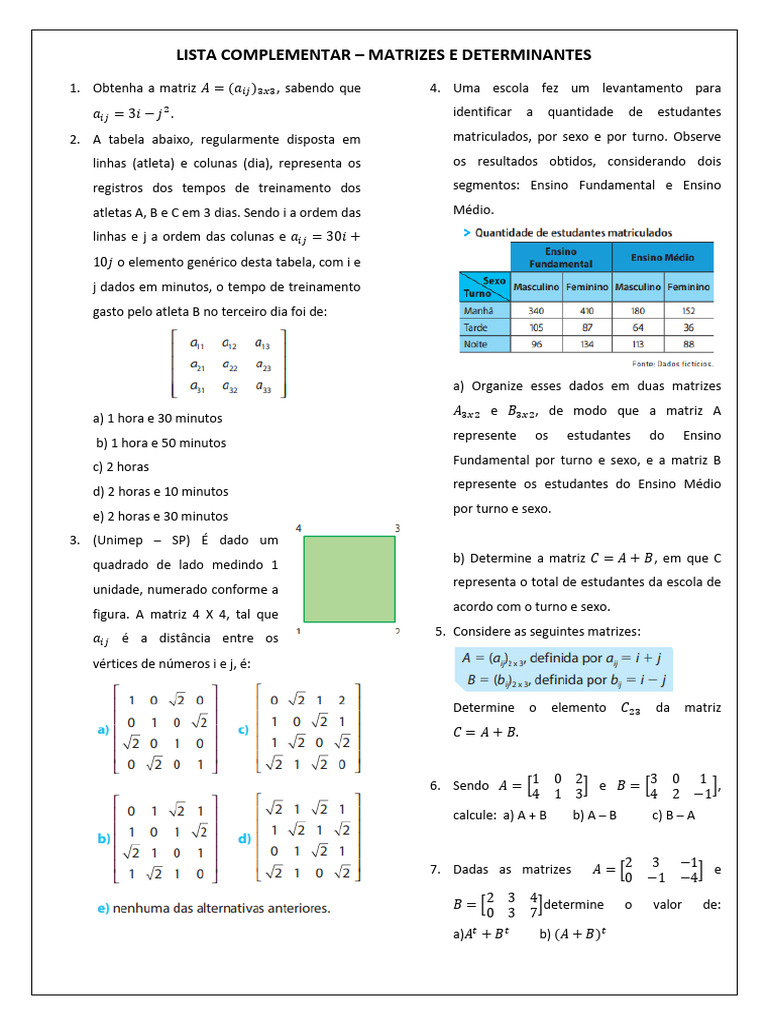 Exercícios sobre Matrizes e Determinantes | PDF | Matriz (Matemática)