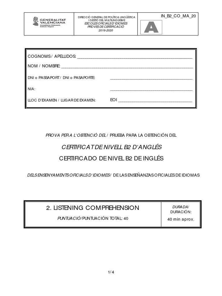 Listening Comprehension: Certificat de Nivell B2 D Anglés PDF