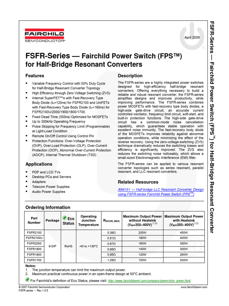 FSFR-Series - : Fairchild Power Switch (FPS™) For Half-Bridge Resonant ...