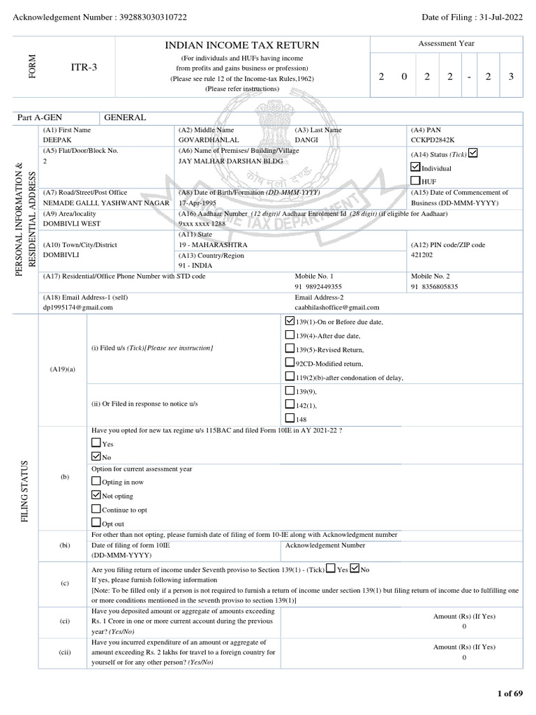 Indian Tax Return Acknowledgement Number 392883030310722 Date