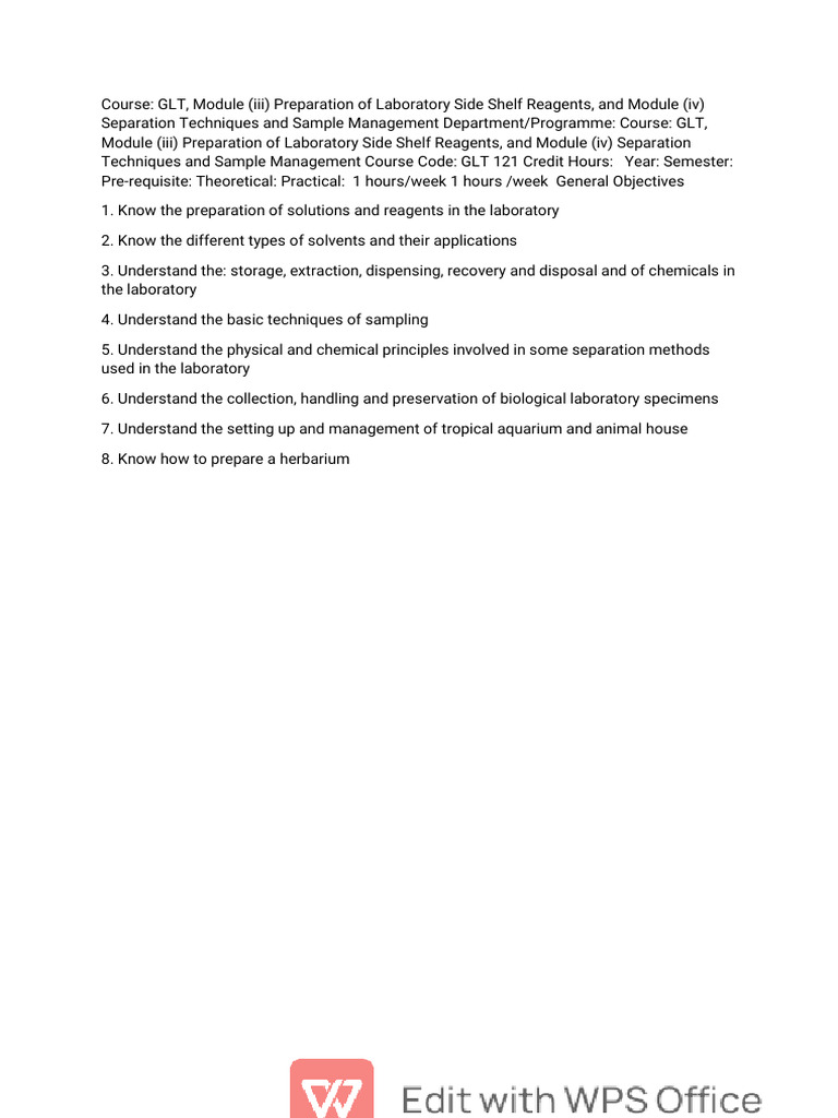 GLT 121 Course Outline: Lab Techniques | PDF