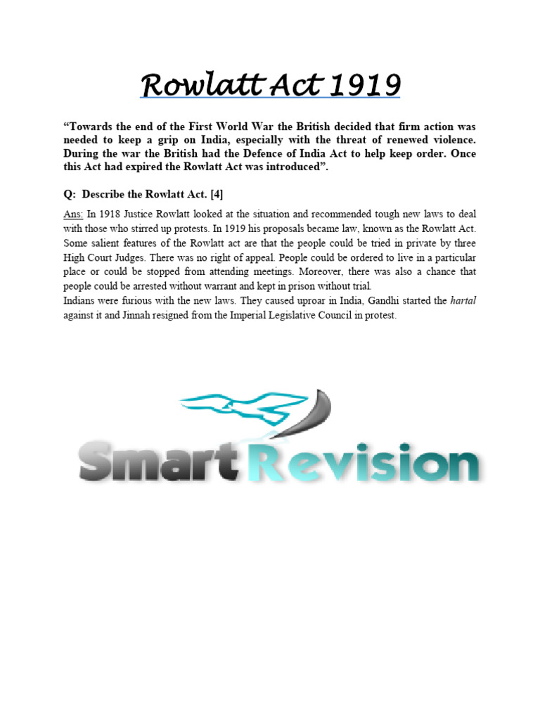 Rowlatt Act of 1919: Key Features and Impact | PDF | History