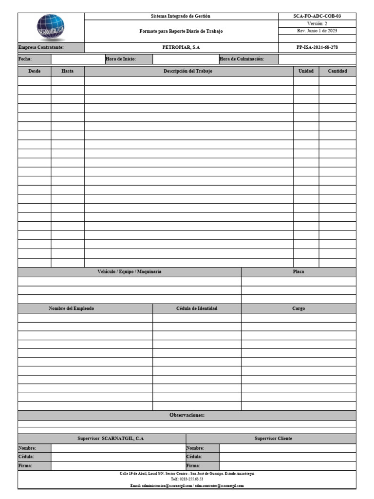 Formato Reporte Diario de Trabajo SCA-FO-ADC-COB-03 | PDF
