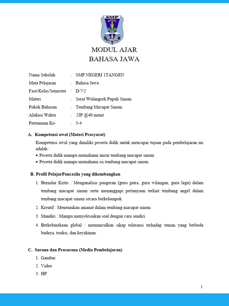 Modul Ajar 2 T.sinom SMT Gnap | PDF | Karier & Perkembangan | Seni ...