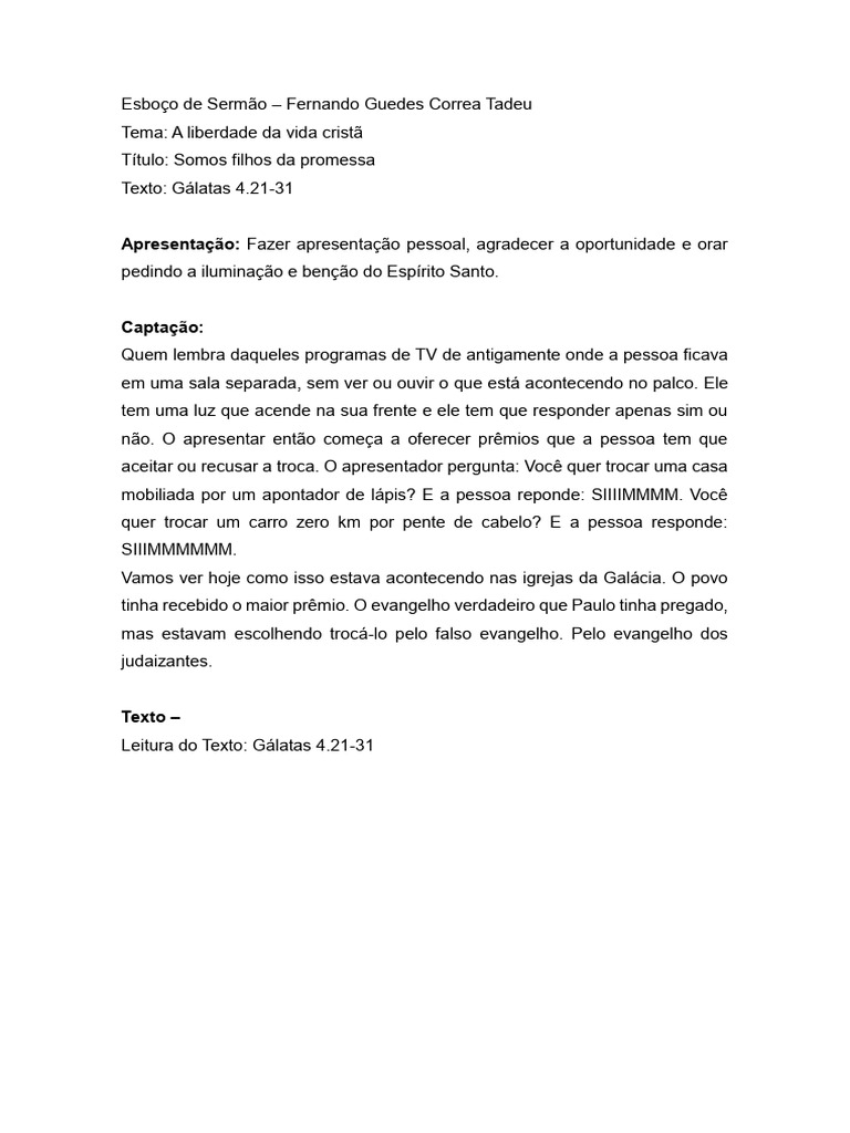 Sermão - Gálatas 4 - Somos Filhos Da Promessa | PDF