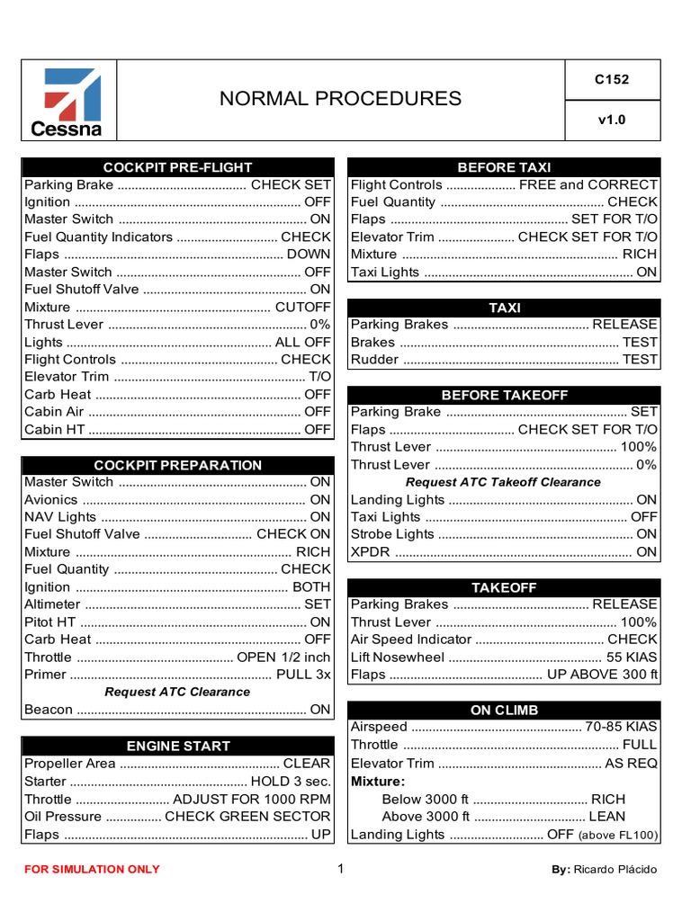 Cessna 152 Normal Procedures Checklist | PDF | Aviation | Manufactured ...