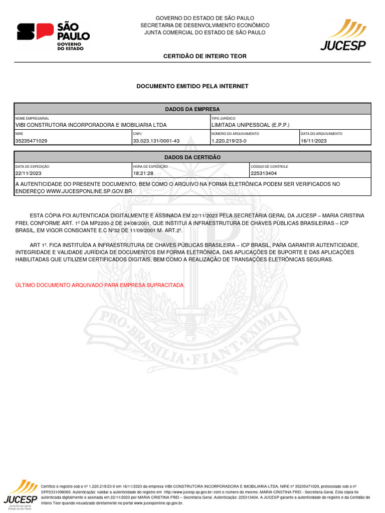 VIBI 1a Alteracao Contrato Social 16 11 2023 Certidao Inteiro Teor 