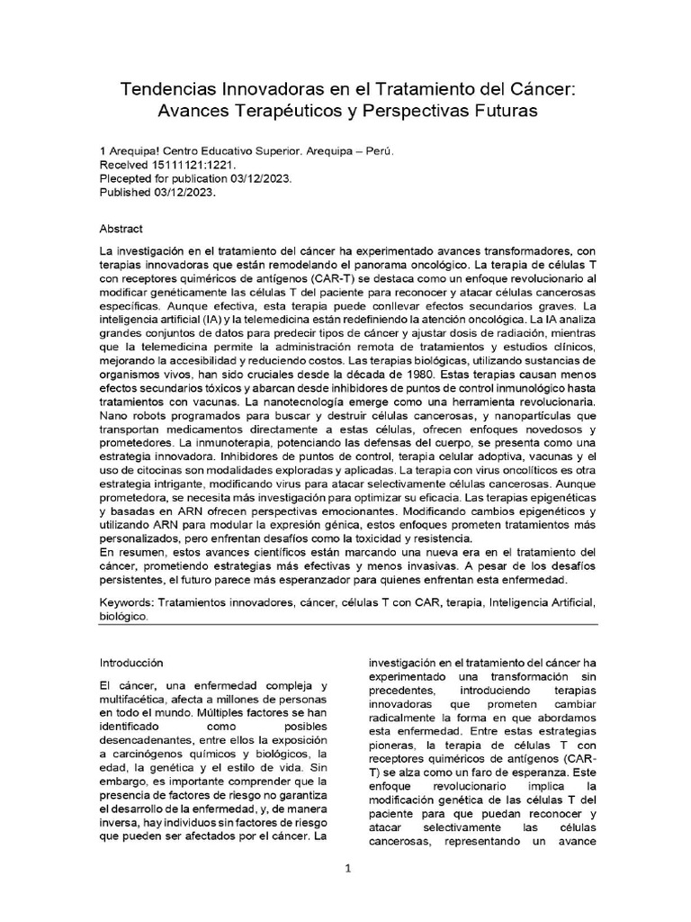 Articulo Tendencias Innovadoras en El Tratamiento Del Cáncer Avances ...