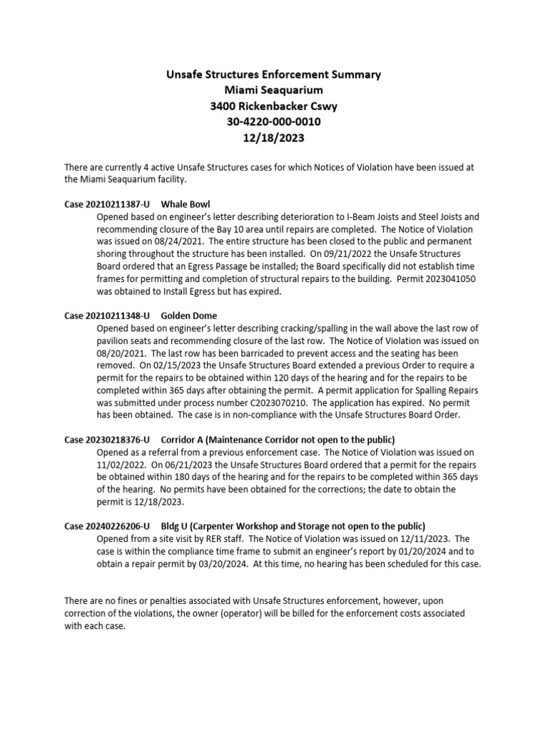 Seaquarium Unsafe Structures Enforcement | PDF