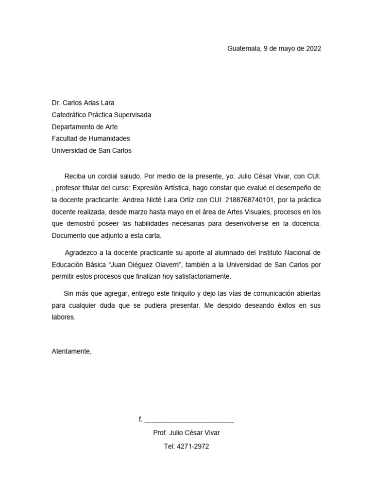 Carta Evaluación Profe Julio | PDF