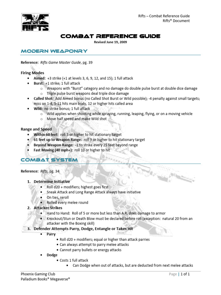 Rifts Combat Reference | PDF