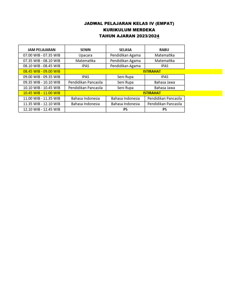 Jadual Pembelajaran Kelas 4 TH 2023-2024 | PDF