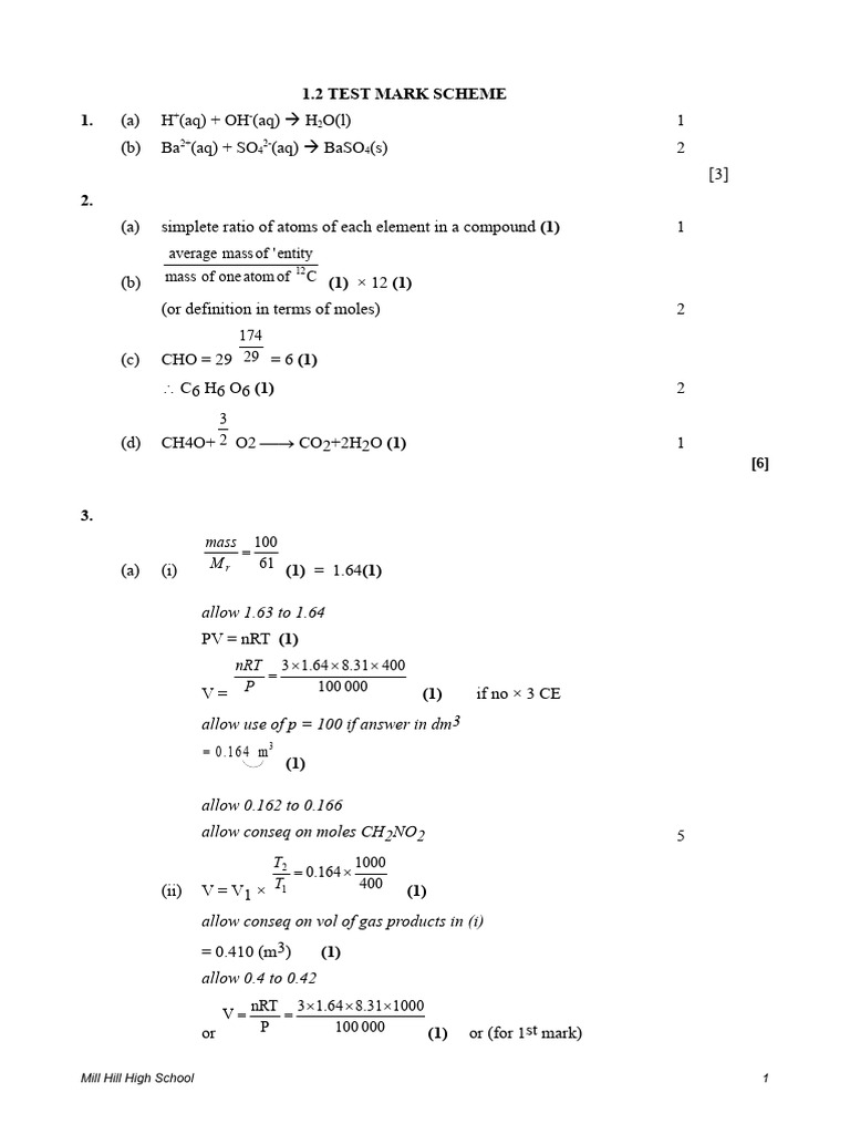 Chemistry Test Mark Scheme Summary | PDF | Mole (Unit) | Chemistry