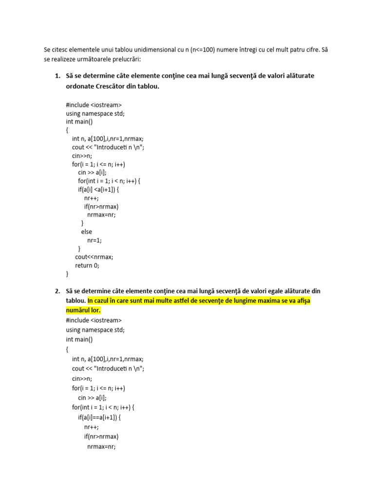 Tema Info 4 Martie Secvente Tablouri Unidimensionale Cu Explicatii | PDF