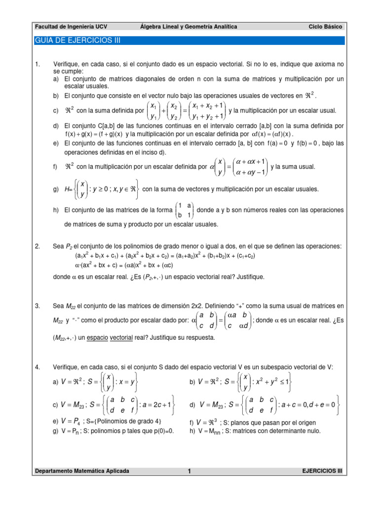 Guia Espacios Vectoriales | PDF | Base (álgebra lineal) | Espacio vectorial