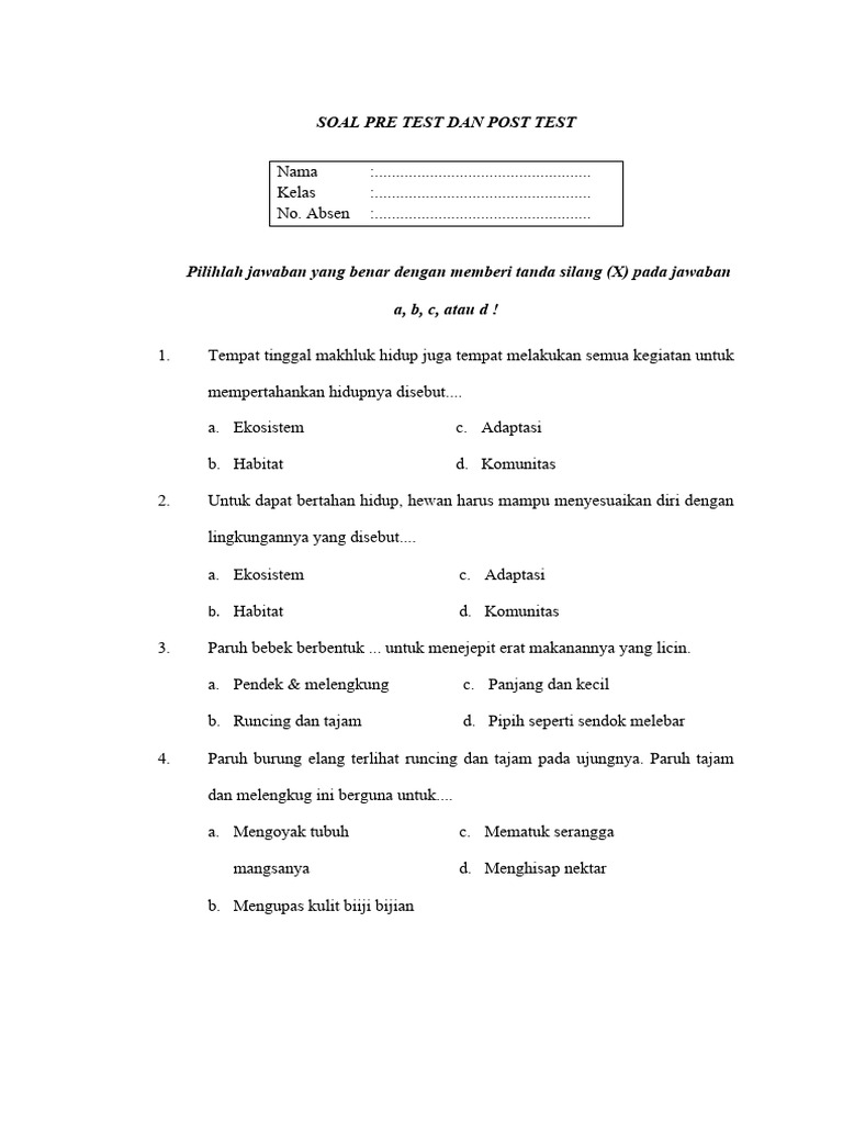 Soal Pre Test dan Post Test Ekologi | PDF | Sains & Matematika