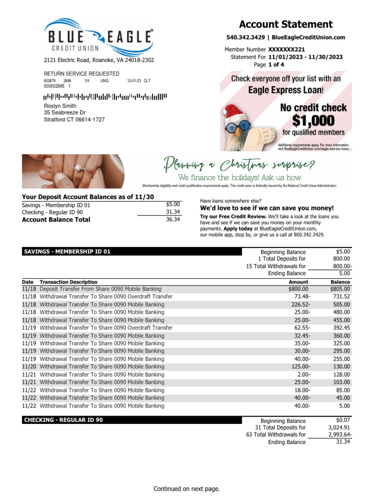 Account Statement Roslyn Smith 35 Seabreeze DR Stratford CT 066141727