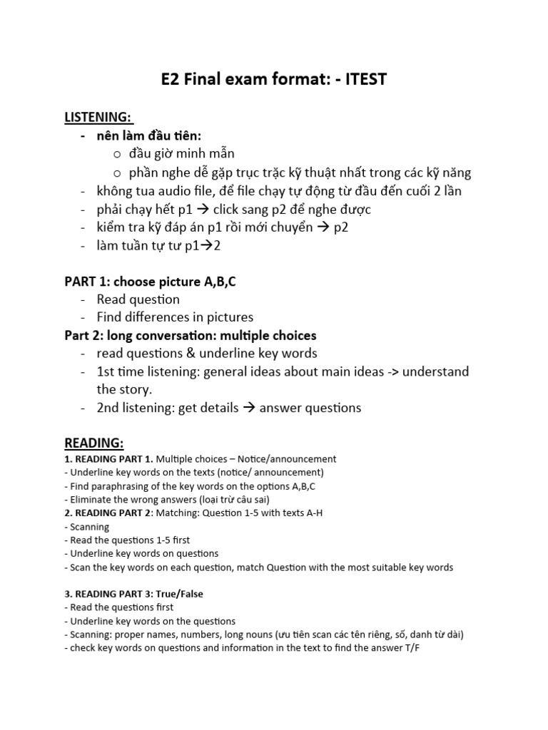E2 Exam Format: Listening, Reading, Writing | PDF | Computers