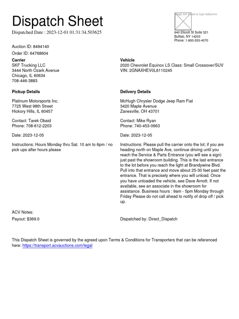 Dispatch Details for Vehicle Delivery | PDF
