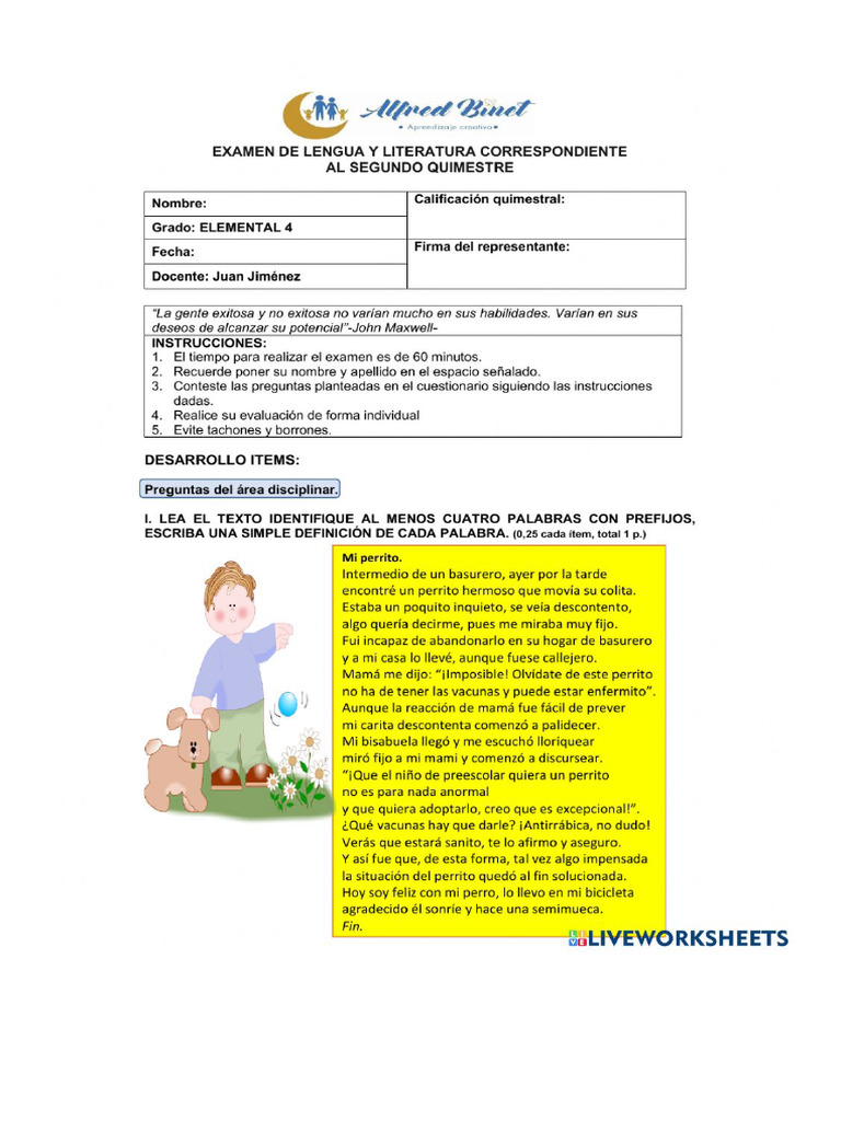 4to Grado - Examen Del 2do Quimestre - Lengua y Literatura | PDF