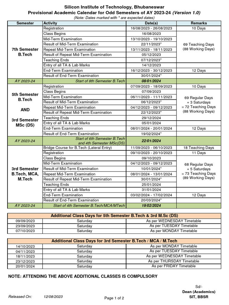 Academic Calendar Odd 2023 24 Even 2022 23 | PDF
