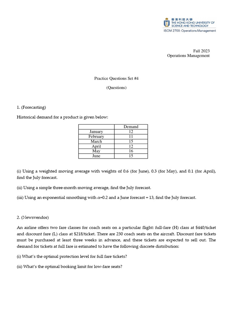 Fall 2023 Operations Mgmt Practice Set | PDF | Financial Markets ...