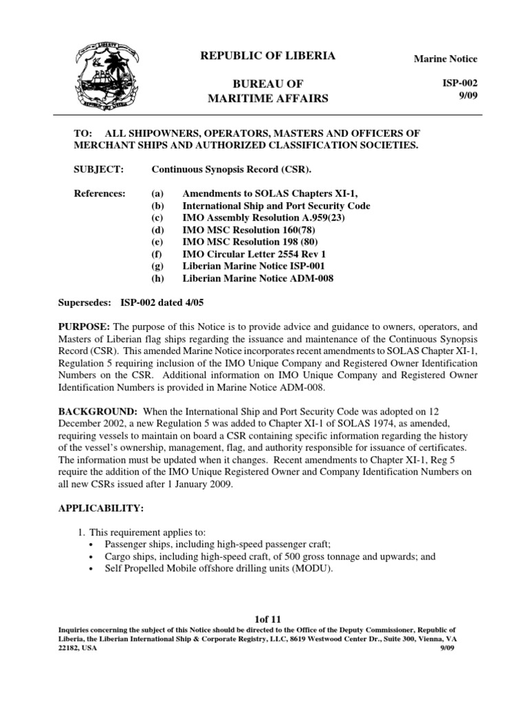 Republic of Liberia Bureau of Maritime Affairs | PDF | Ships ...