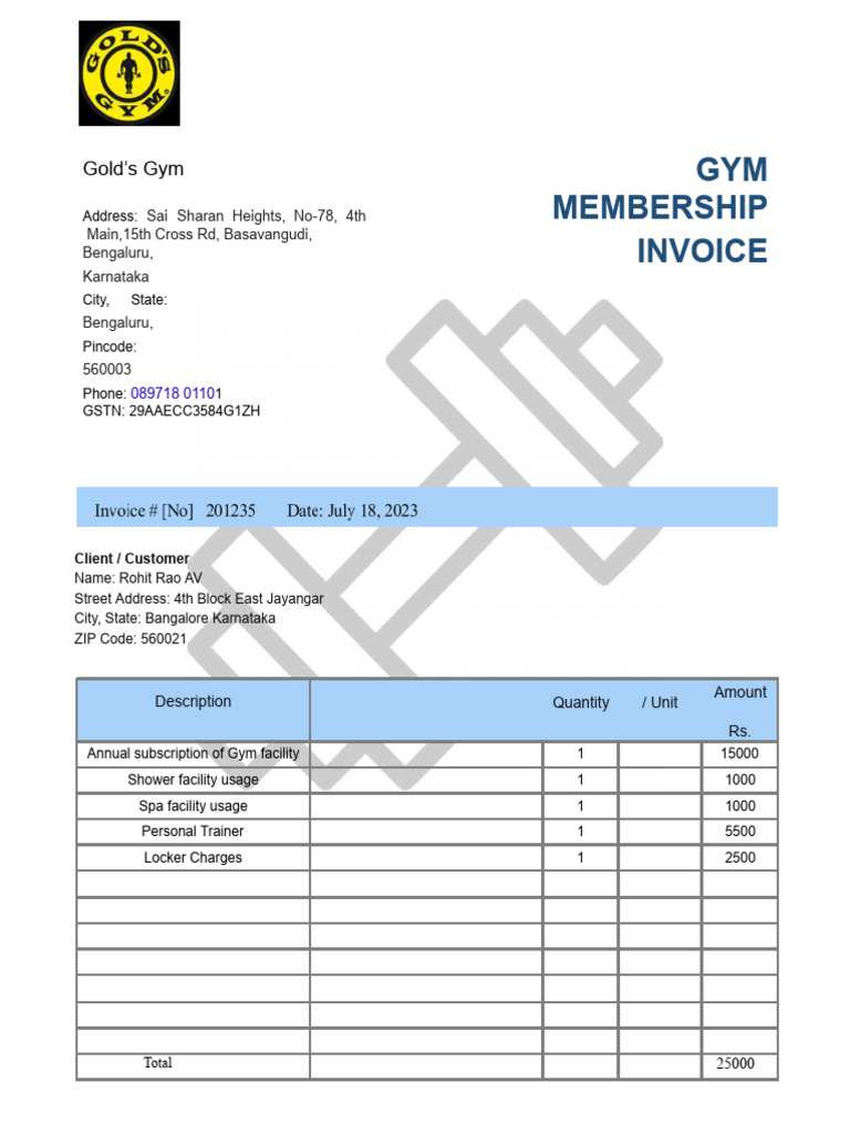 Gym membership invoice 2023 rohit pdf