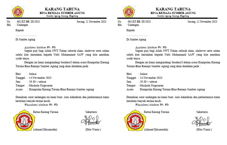 Undangan Kumpulan Rutin Karang Taruna | PDF