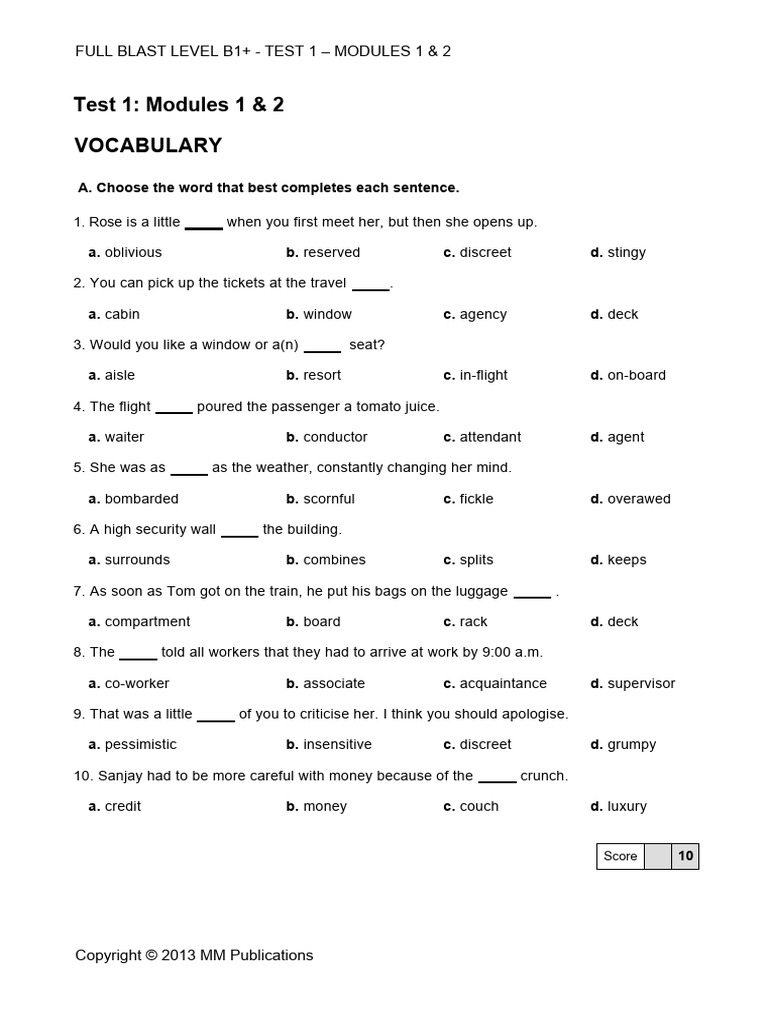 Full Blast - British Level - B1+ - Test 1 - Mod - 1 & 2 | PDF | Gorilla ...