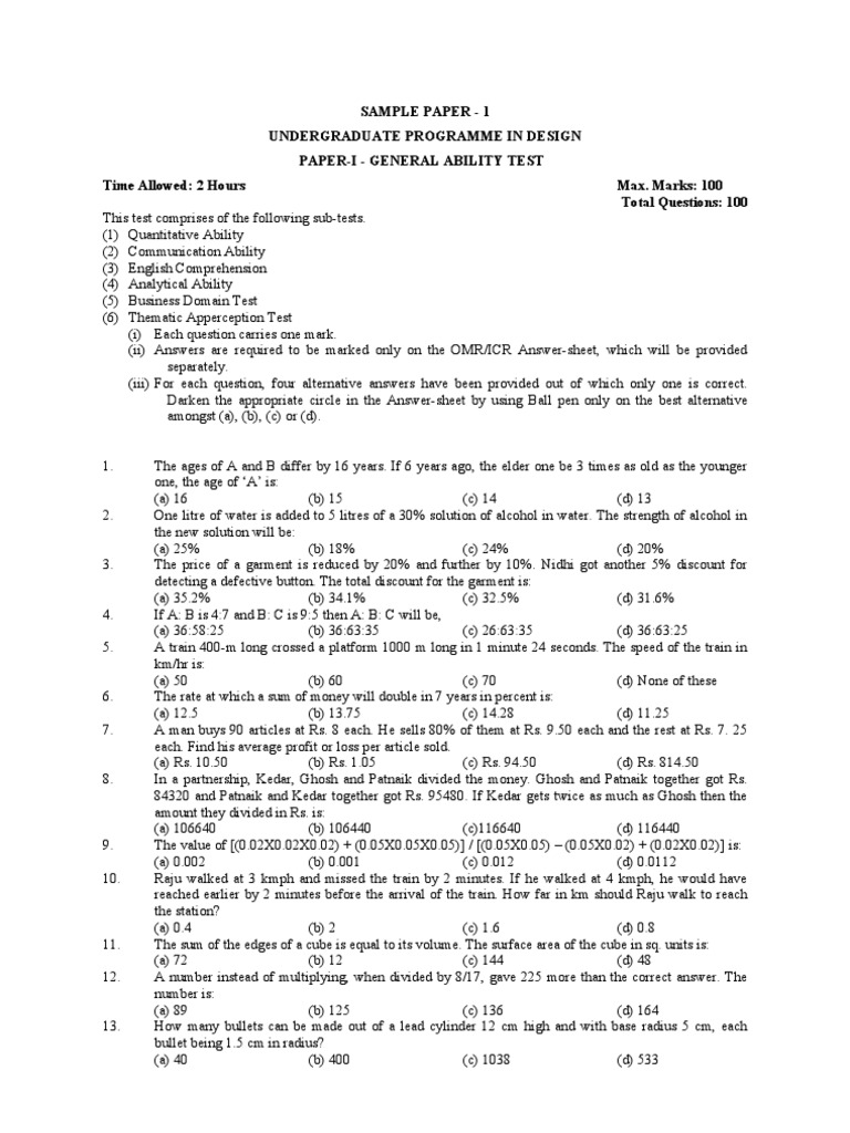 Sample Paper - 1 Undergraduate Programme in Design Paper-I - General ...