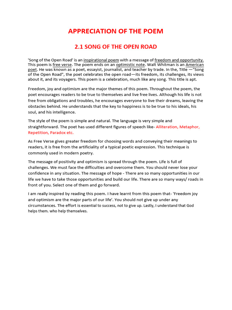 2 1 song of open road poem appreciation pdf