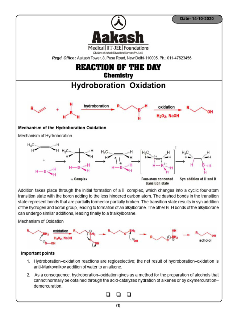 Hydroboration-Oxidation Mechanism Explained | PDF | Organic Reactions ...
