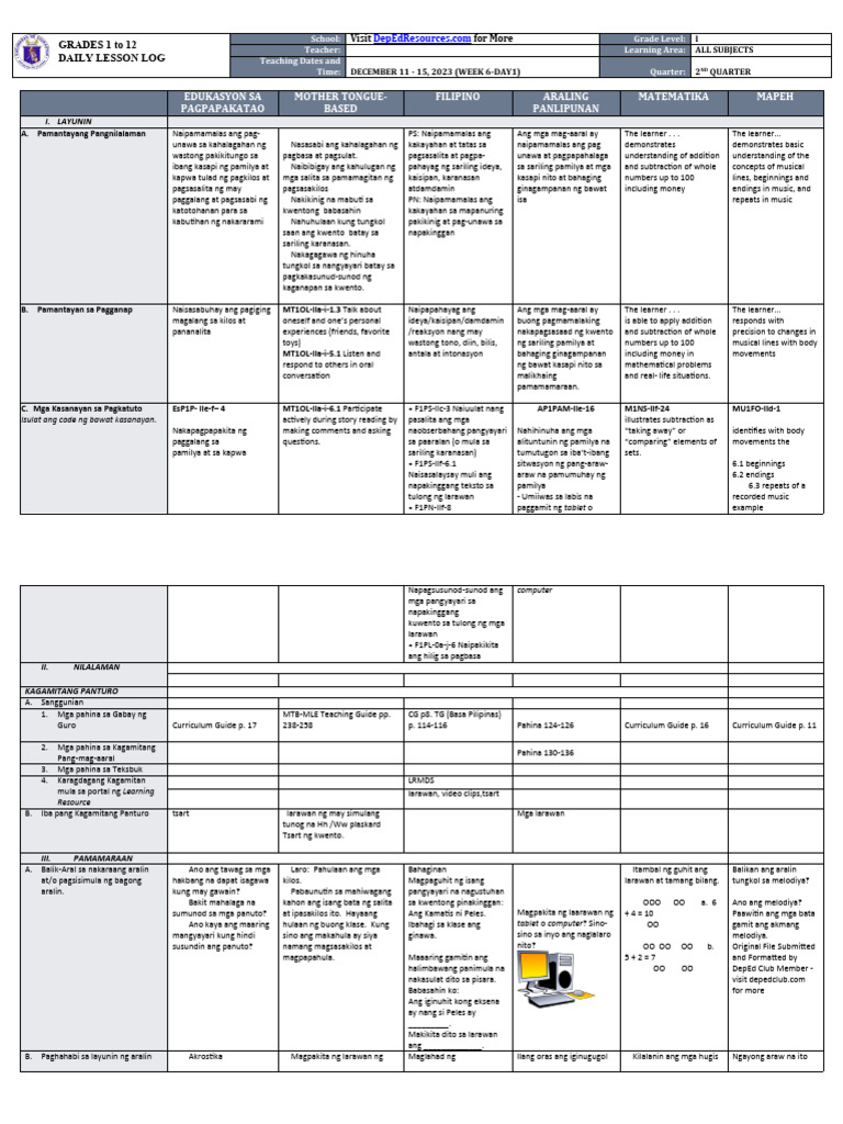 DLL - All Subjects 1 - Q2 - W6 - D1 | PDF