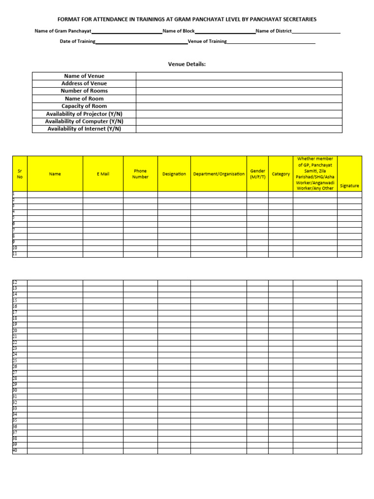 Attendance Format for Gram Panchayat Training | PDF