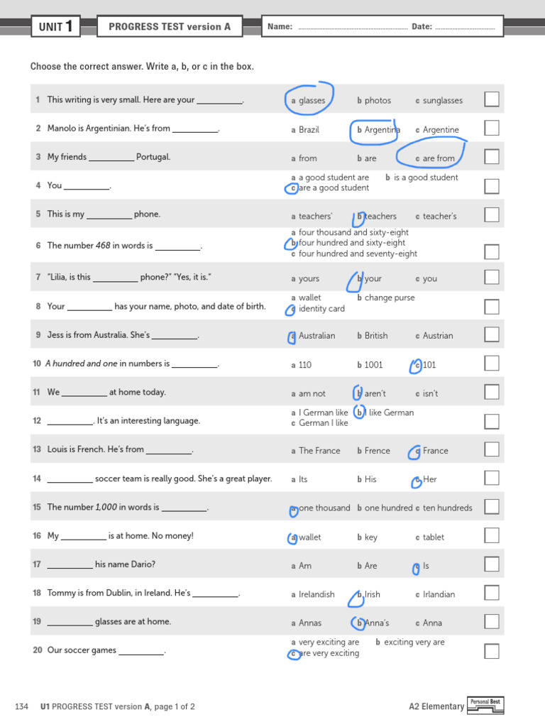 A2 Progress Test Version A | PDF