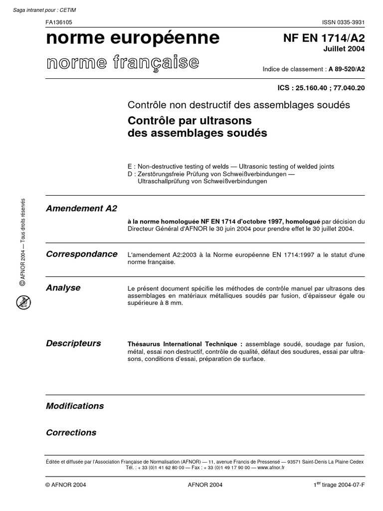 NF en 1714 - A2 - Contrôle Non Destructif Des Assemblages Soudés ...