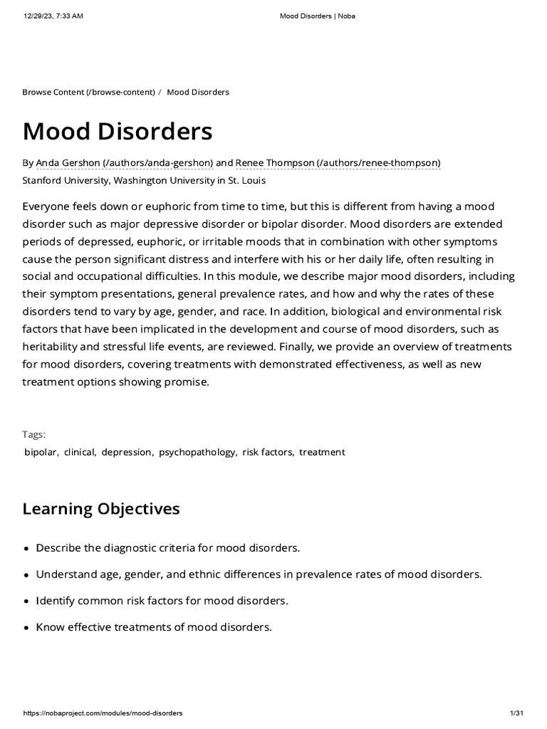 Mood Disorders Noba Pdf Antidepressant Major Depressive Disorder
