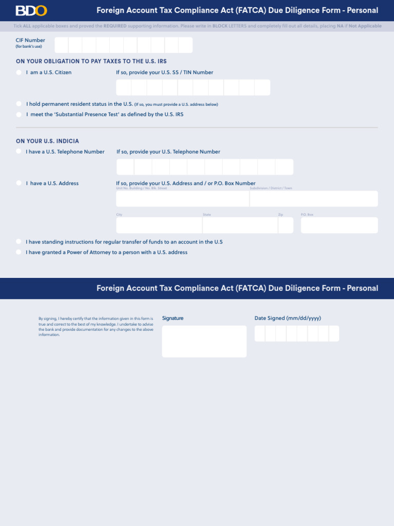 FATCA Due Diligence Form - Personal | PDF | Finance & Money Management ...